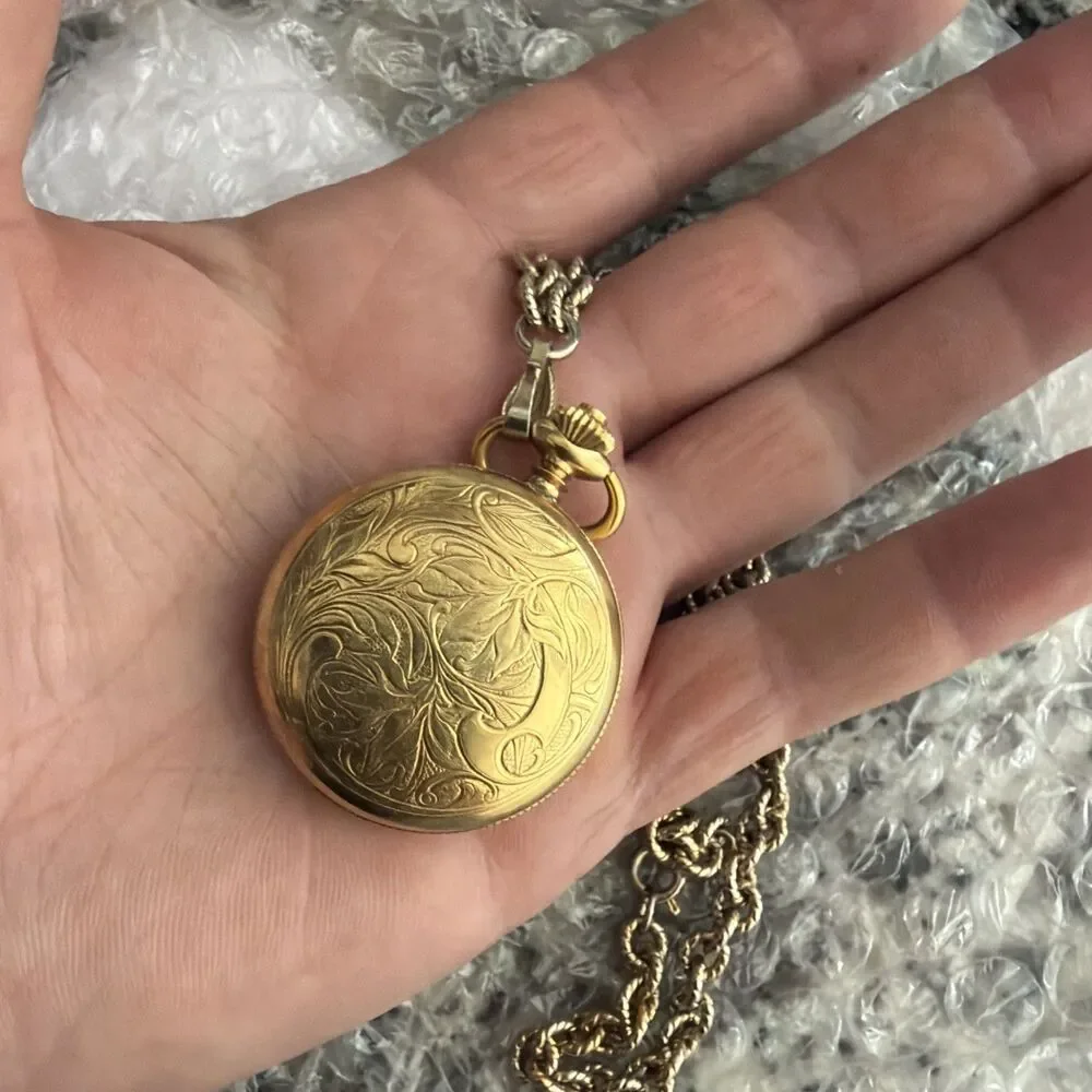 Bullova Caravelle MINI Full Hunter Manual Pocket Watch Chain Vintage Gold Tone